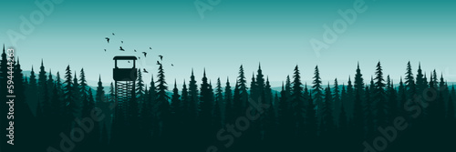 dusk sunset nature mountain landscape with forest silhouette vector illustration good for web banner, ads banner, tourism banner, wallpaper, background template, and adventure design