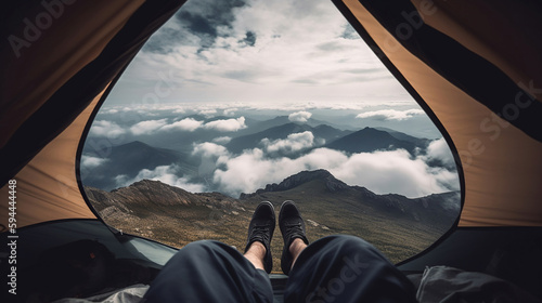 Feet Man relaxing enjoying clouds mountains aerial view from tent camping entrance outdoor. Generative Ai