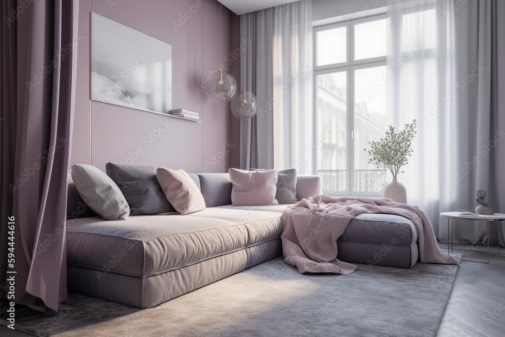 Cozy living room for woman, lilac light colors. Super photo realistic background, generative ai illustration