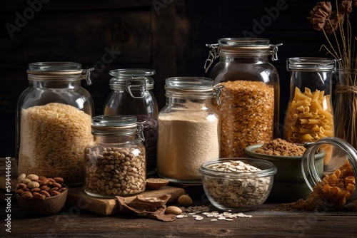 Variety of cereal grains and seeds in glass jars. Ai generated.
