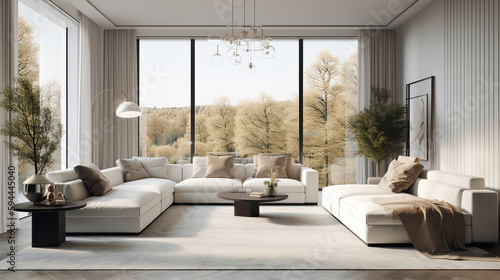 Modern interior of open space with design modular sofa, furniture. Generative Ai