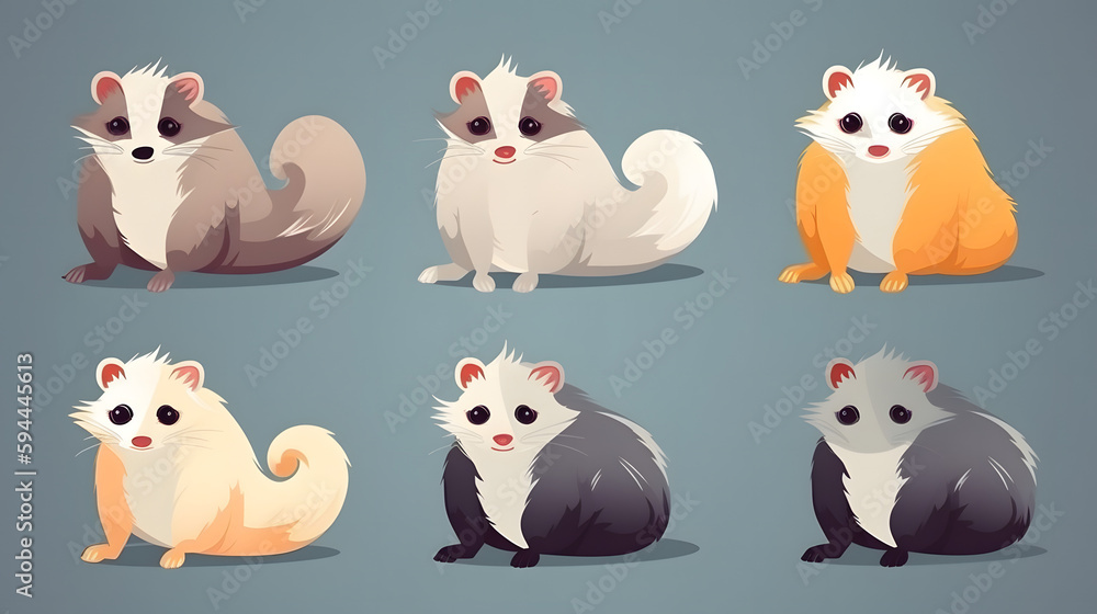 Fototapeta premium Ferret Frenzy: Funny Cute Ferrets in Flat Design, AI Generative