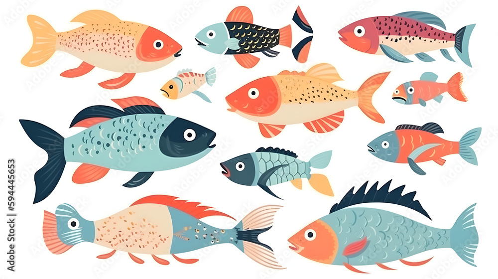 Fin-tastic Funnies: Funny and Cute Flat Design Fishes, AI Generative