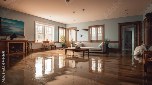 flooded house interior with a wooden floor. Generative Ai