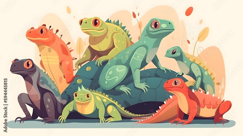 Fototapeta premium Cute Reptiles, Flat Design Illustration, lizard turtle