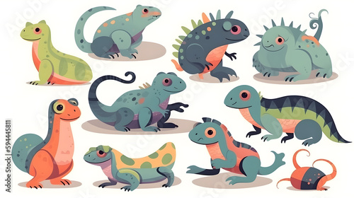 Cute Reptiles  Flat Design Illustration  komodo dragon crocodiles