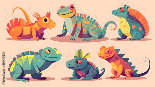 Cute Reptiles, Flat Design Illustration, AI Generative