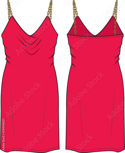 Women's Chain Strap Cowl Neck Satin Dress. Technical fashion illustration. Front and back, red color. Women's CAD mock-up.