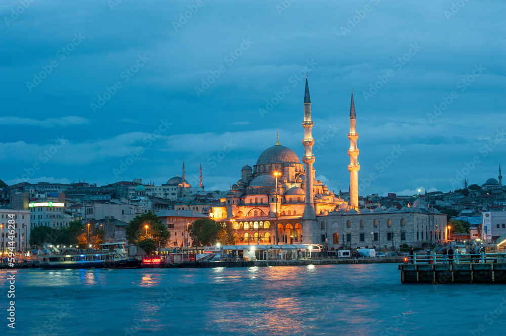 New Mosque (Yeni Cami) in blue night in istanbul