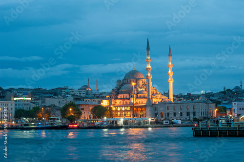 New Mosque (Yeni Cami) in blue night in istanbul
