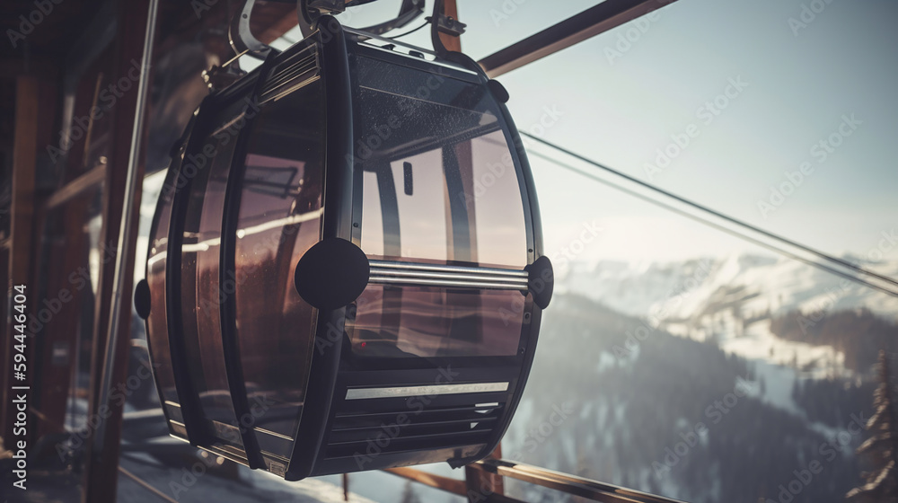 Cable car gondola at ski resort with snowy mountains on background. Generative Ai