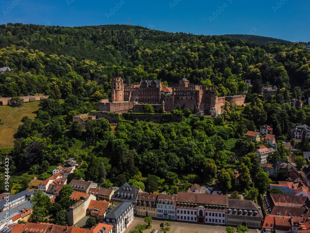 Aerial view by drone Heidelberg Baden-Wurtemberg Bridge Neckar Germany Castle