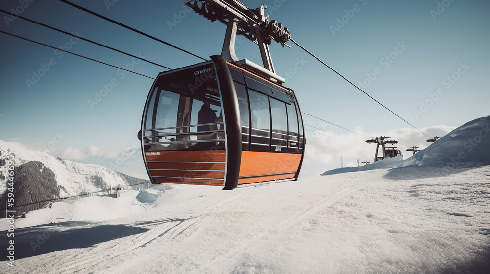 Cable car gondola at ski resort with snowy mountains on background. Generative Ai Cable car gondola at ski resort with snowy mountains on background. Generative Ai
