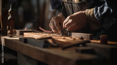 Hands of craftsman carve with a gouge in the hands on the workbench in carpentry. Generative Ai