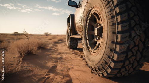 Truck car wheel on offroad steppe adventure trail. Generative Ai © PRI