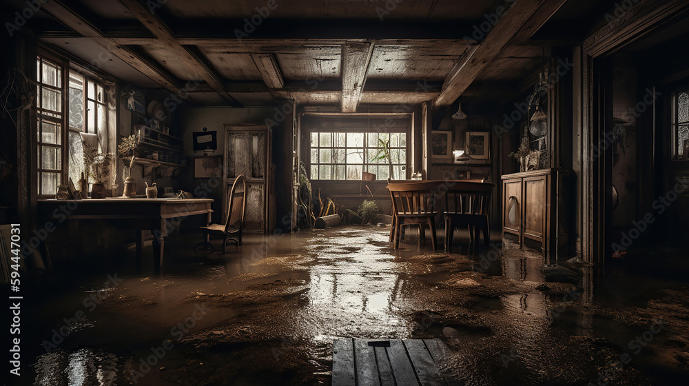flooded interior interiors of a house. Generative Ai