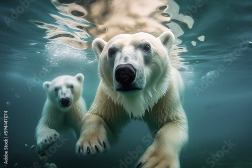 Mama osa polar con osezno buceando en el oceano.Ilustración de IA generativa photo