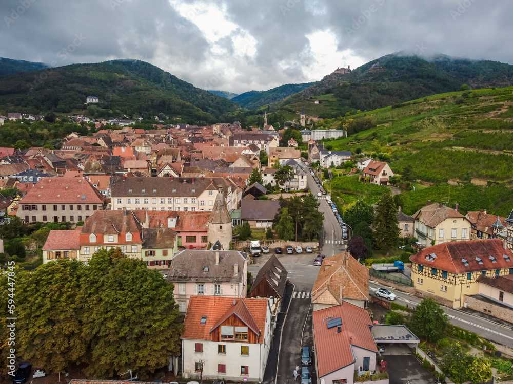 Ribeauville Aerial vIew by drone. Summer. France, Alsace. town.