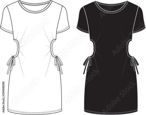 Women's Cut-Out and Tie Detail Knit Dress. Technical fashion illustration. Front, white and black color. Women's CAD mock-up.