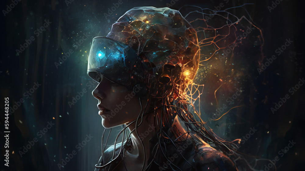 Technological concepts such as VR headset, metaverse, futuristic virtual world. Generative AI Technological concepts such as VR headset, metaverse, futuristic virtual world. Generative AI