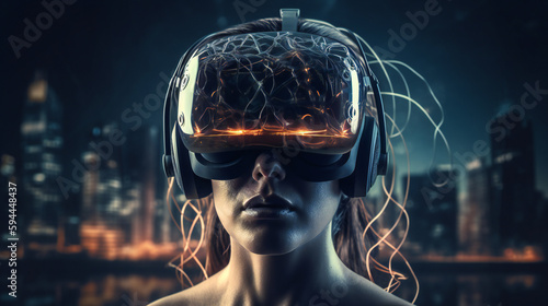 Technological concepts such as VR headset, metaverse, futuristic virtual world. Fictional person. Generative AI
