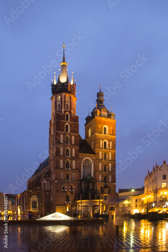 Beautiful view of the Church of the Assumption of the Blessed Virgin Mary (St. Mary's Church) in Krakow, Poland