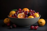 Close up shot of bowl full of fresh fruits. Dark food photography. Generative AI