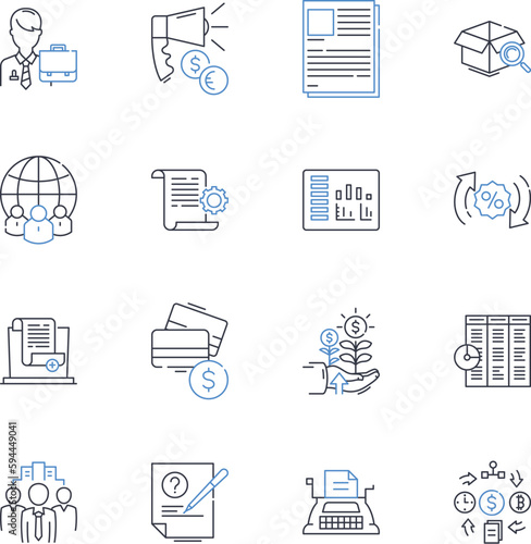 Portfolio management space line icons collection. Strategy, Allocation, Diversification, Optimization, Risk, Analysis, Performance vector and linear illustration. Investment,Tracking,Reporting outline