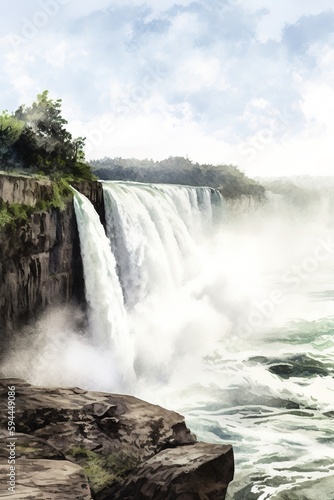 Watercolor digital art of stunning waterfalls. Generative AI vertical illustration