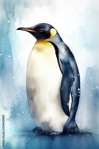 Cute waterfall digital art of penguin. Generative AI vertical illustration