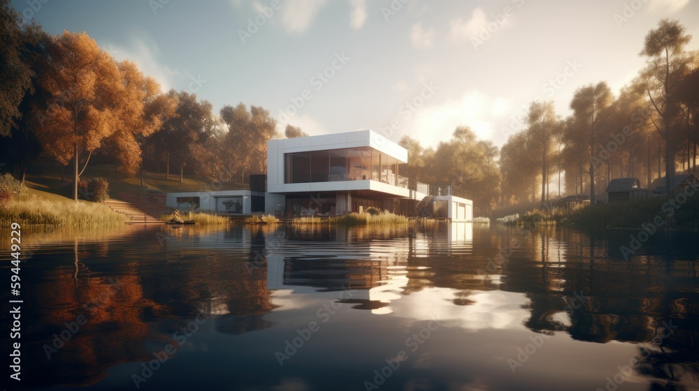Fototapeta premium Modern luxury house by a lake. Generative AI illustration.