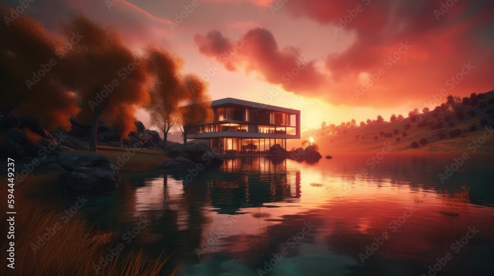 Modern luxury house by a lake. Generative AI illustration.