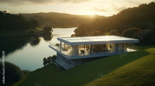 Modern luxury house on a hill with an amazing view on a lake in the mountains. Generative AI illustration.