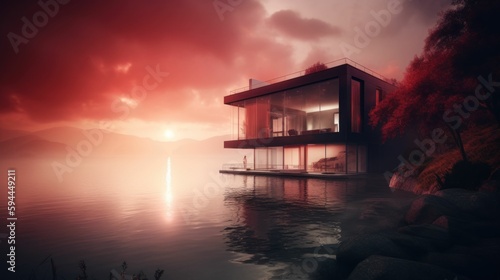 Sunset over a modern luxury house by a lake. Generative AI illustration. © Tuyres