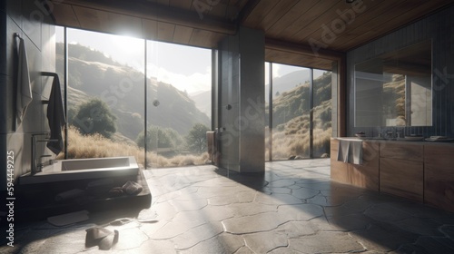 Modern luxury house interior. Bright and spacious bathroom with amazing view on the mountains. Generative AI illustration.