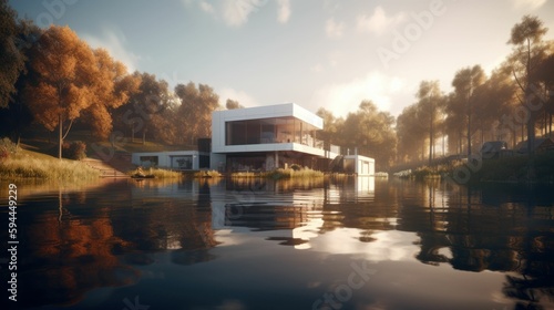 Modern luxury house by a lake. Generative AI illustration.