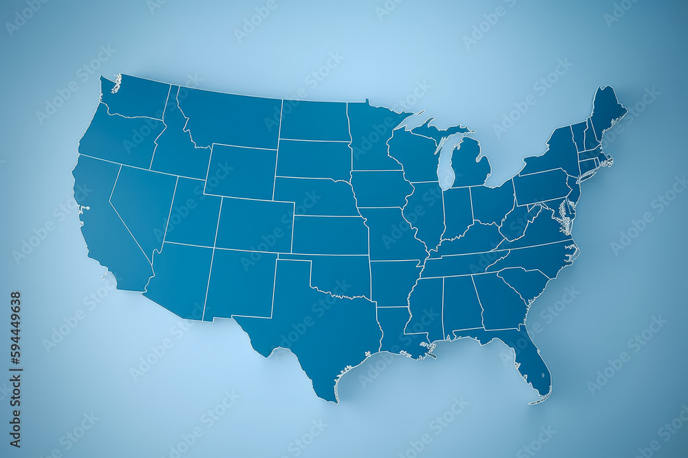 Map states of the USA in blue color. Generative Ai.