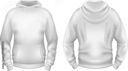 Template of blank white hoodie with pocket. Front and back views. Vector illustration.