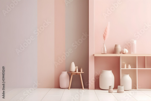 Minimal interior design composition of a bright room with wooden shelves and vases, pastel color walls, still life, mock up, generative, AI, Generative AI.