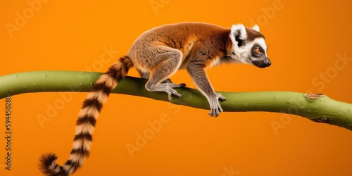 lemur forming living bridge between two branches, set against vibrant, solid-color backdrop, showcasing its agility and balance, concept of Animal adaptation, created with Generative AI technology