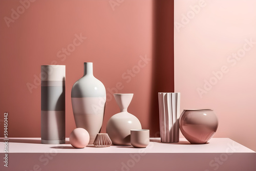 Minimal style interior of ceramic vases on a pink shelf with museum light, pink walls, still life, generative, AI, Generative AI.