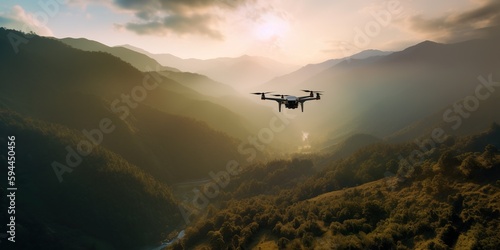 Drone hovering above a sunlit valley, capturing stunning aerial photography, concept of Unmanned aerial vehicle technology, created with Generative AI technology