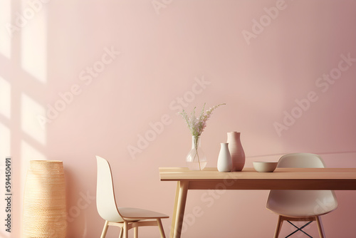 Minimal interior design composition of a modern dining room with pink wall, decorations on a wooden table and chair, Scandinavian style, generative, AI, Generative AI.