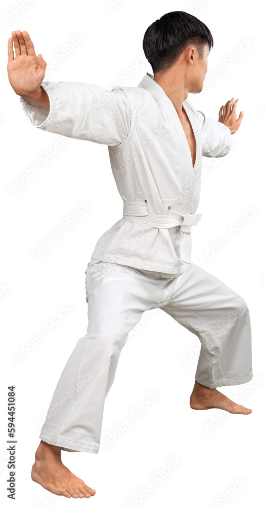 Asian Karate fighter in White Kimono on white background