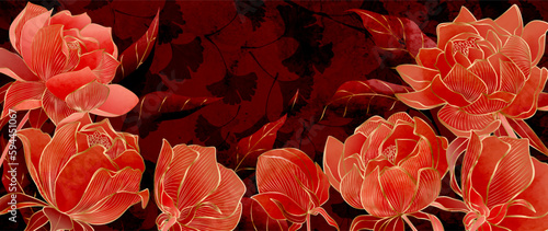 Luxury red art background with flowers in gold art line style. Oriental botanical banner for cover design, invitations, wallpaper, print, decor, interior design, poster.