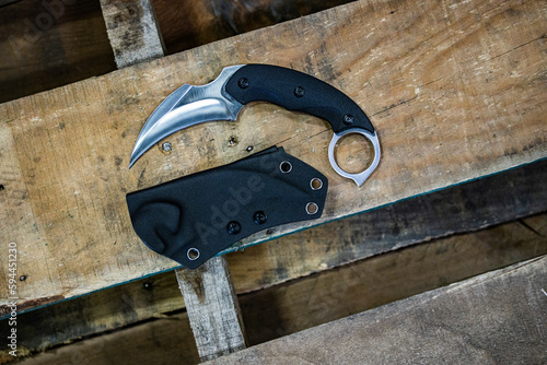 Karambit with Sheath On Wood Plank photo