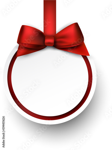 White paper gift card with red satin bow.