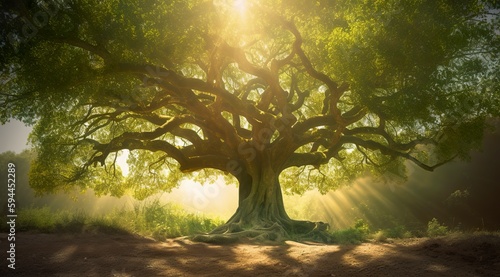 a large tree with bright sun rays, in the style of pastoral charm, dark green and light green, quietly poetic, combining natural and man made elements, generat ai photo