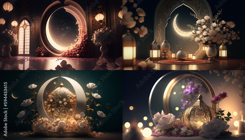 Ramadan poster with a photo of beautiful lantern decoration. Islamic greetings Ramadan Kareem card design background with beautiful gold. - obrazy, fototapety, plakaty 