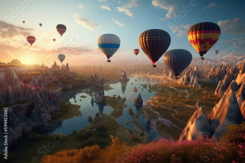 Many hot air balloon in sunset. Cappadocia Generative AI